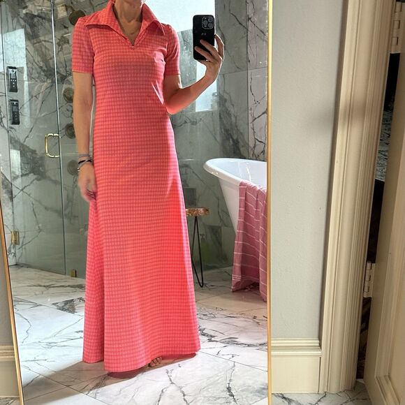 Vtg 60s/70s Handmade Pink Geometric Knit Maxi Dress, Collar, Short Sleeve S/M - Picture 1 of 16